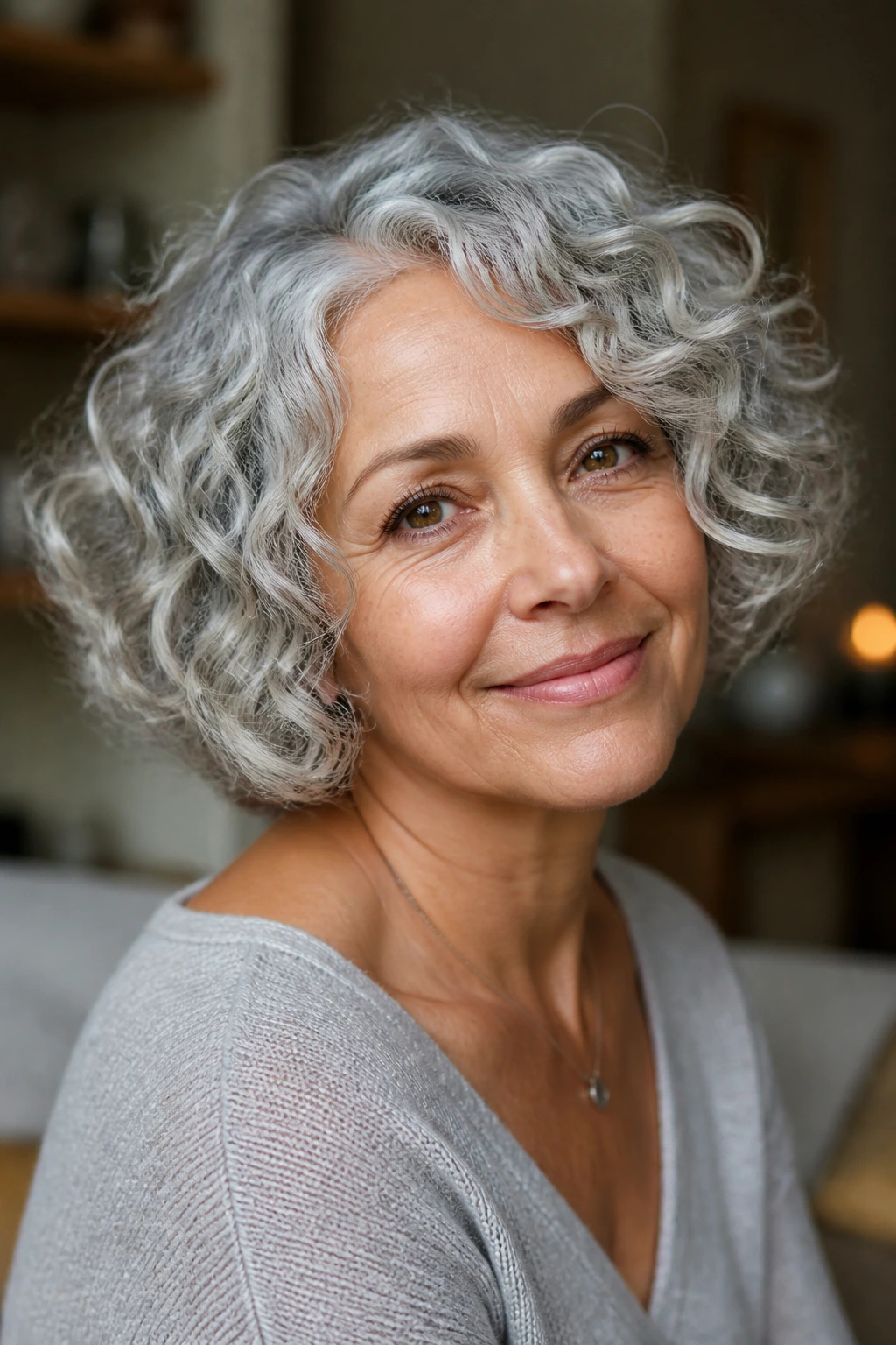Close-up of a real woman with rounded curly bob hugging her face