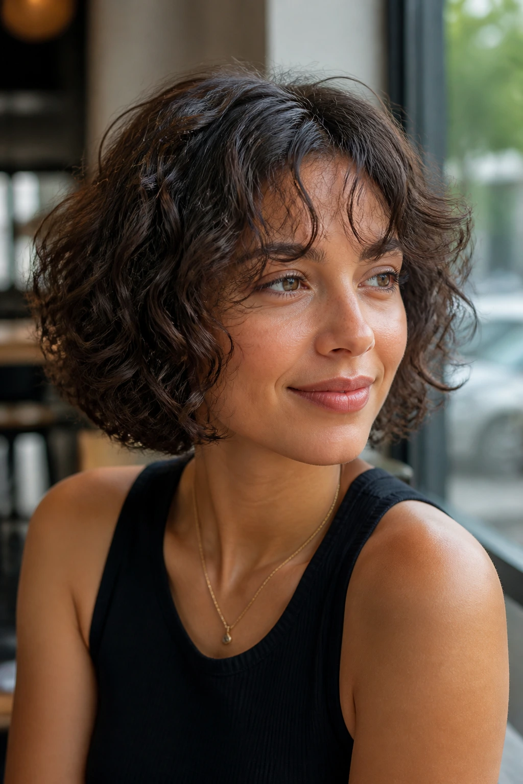 Close-up portrait of a woman with curly bob and feather-light curtain bangs at a sunlit cafe window
