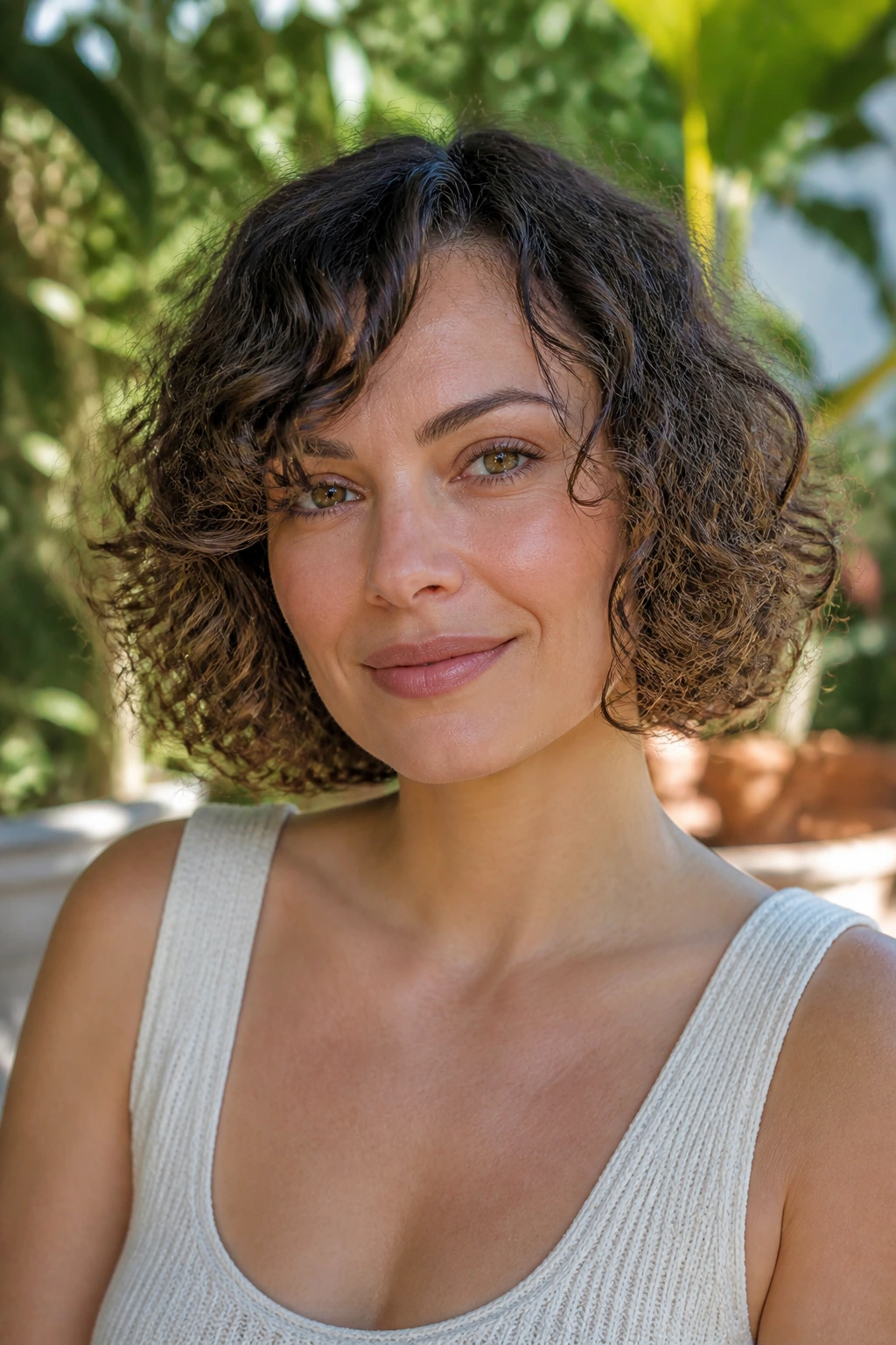 Close-up portrait of a real woman with a curly bob for fine curls.