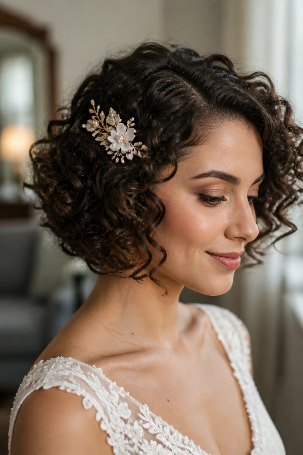 Close-up of a real bride with curly bob and a floral comb tucked at the side