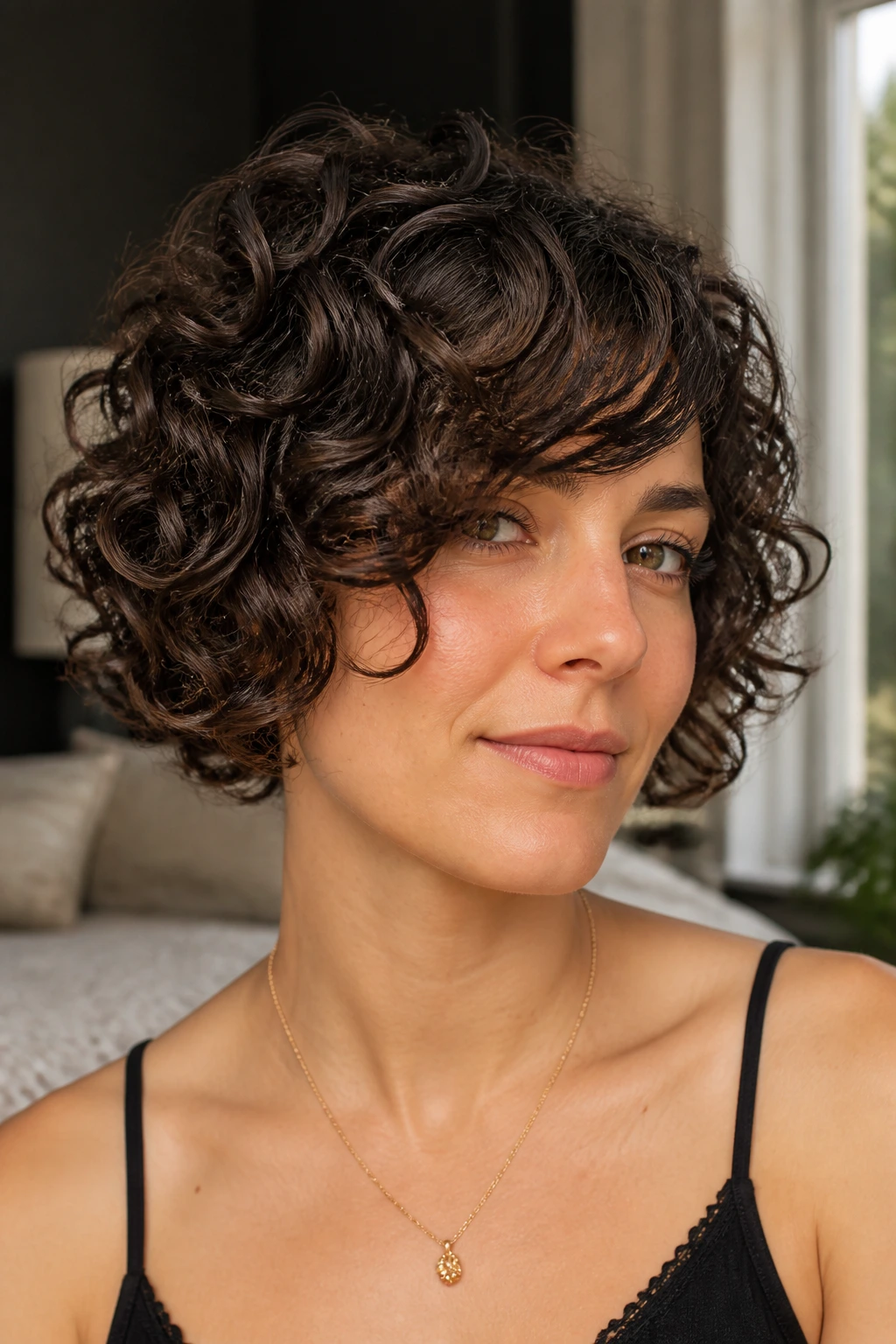 Close-up of a real woman with curly bob and side-stretched fringe in natural window light