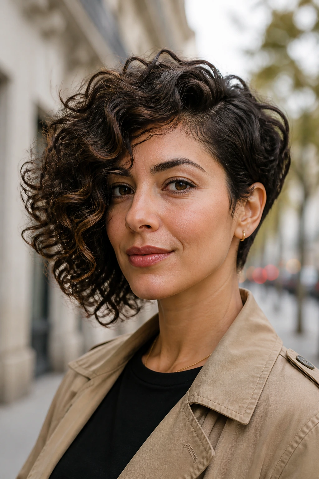 Real woman with curly asymmetrical bob and one fuller side on a city street