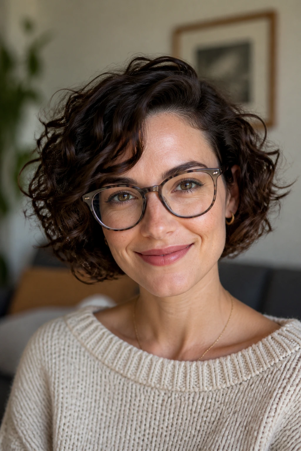 Close-up of a real woman with glasses with chin-length curly bob