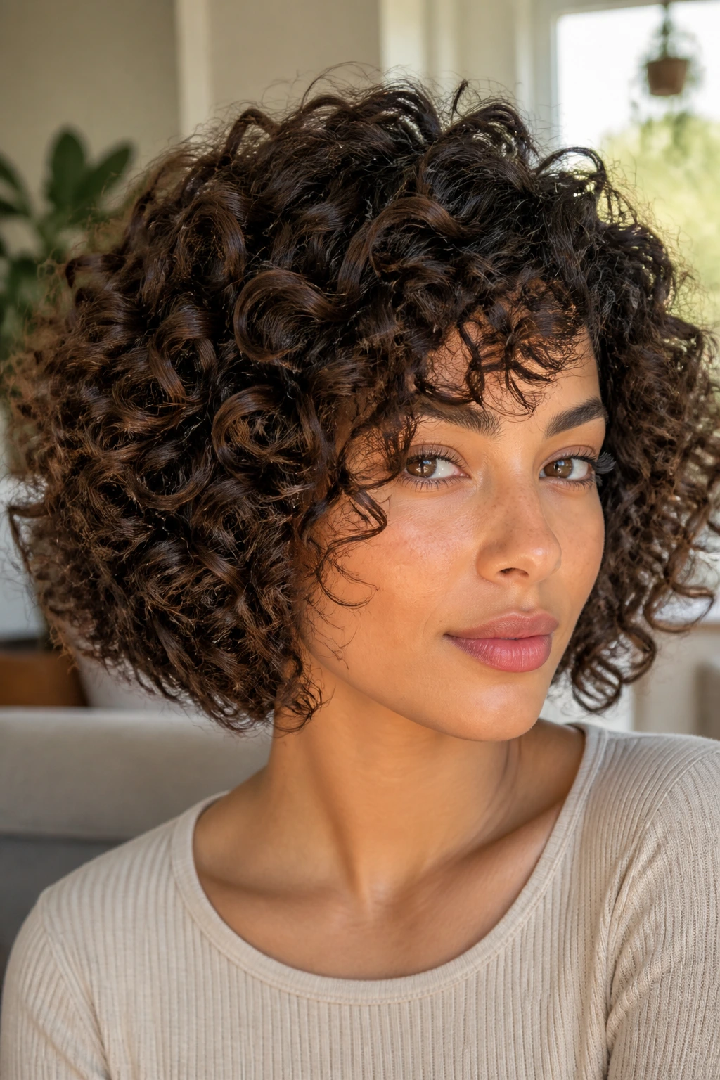 Close-up of a real person with curly bob hairstyle in natural light.