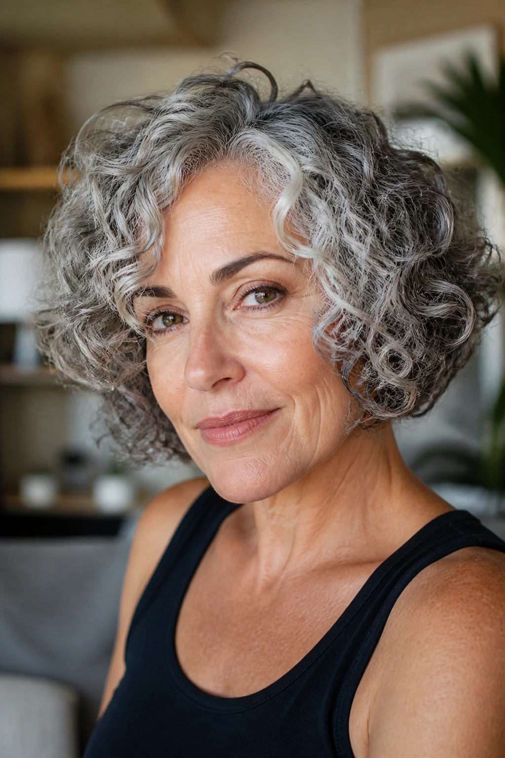 Close-up portrait of a woman with a curly bob emphasizing texture and shape