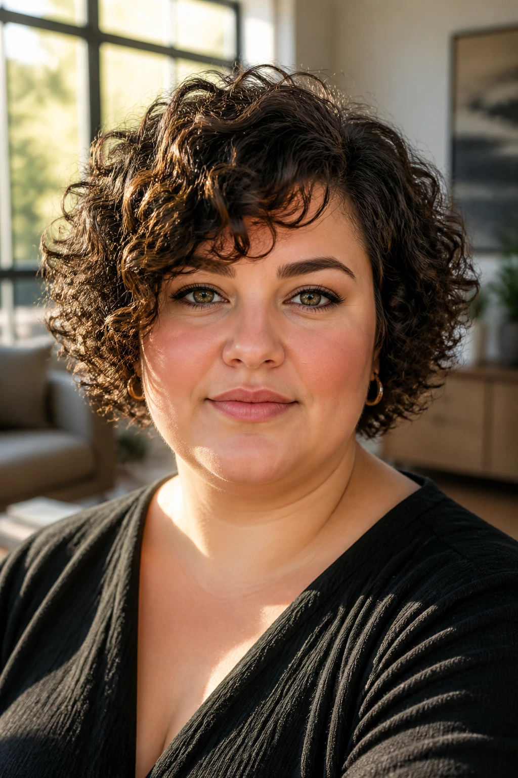 Portrait of a real woman with a curly bob showing defined curls stacked above the cheeks
