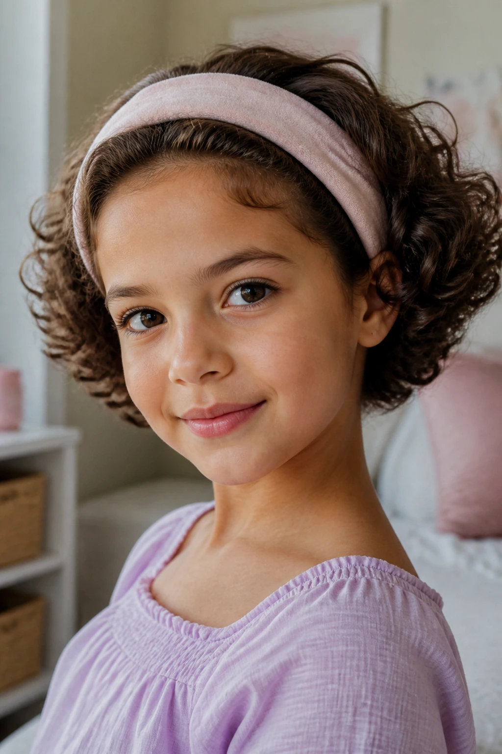 Close-up of a child with a curly bob tucked under a wide headband.