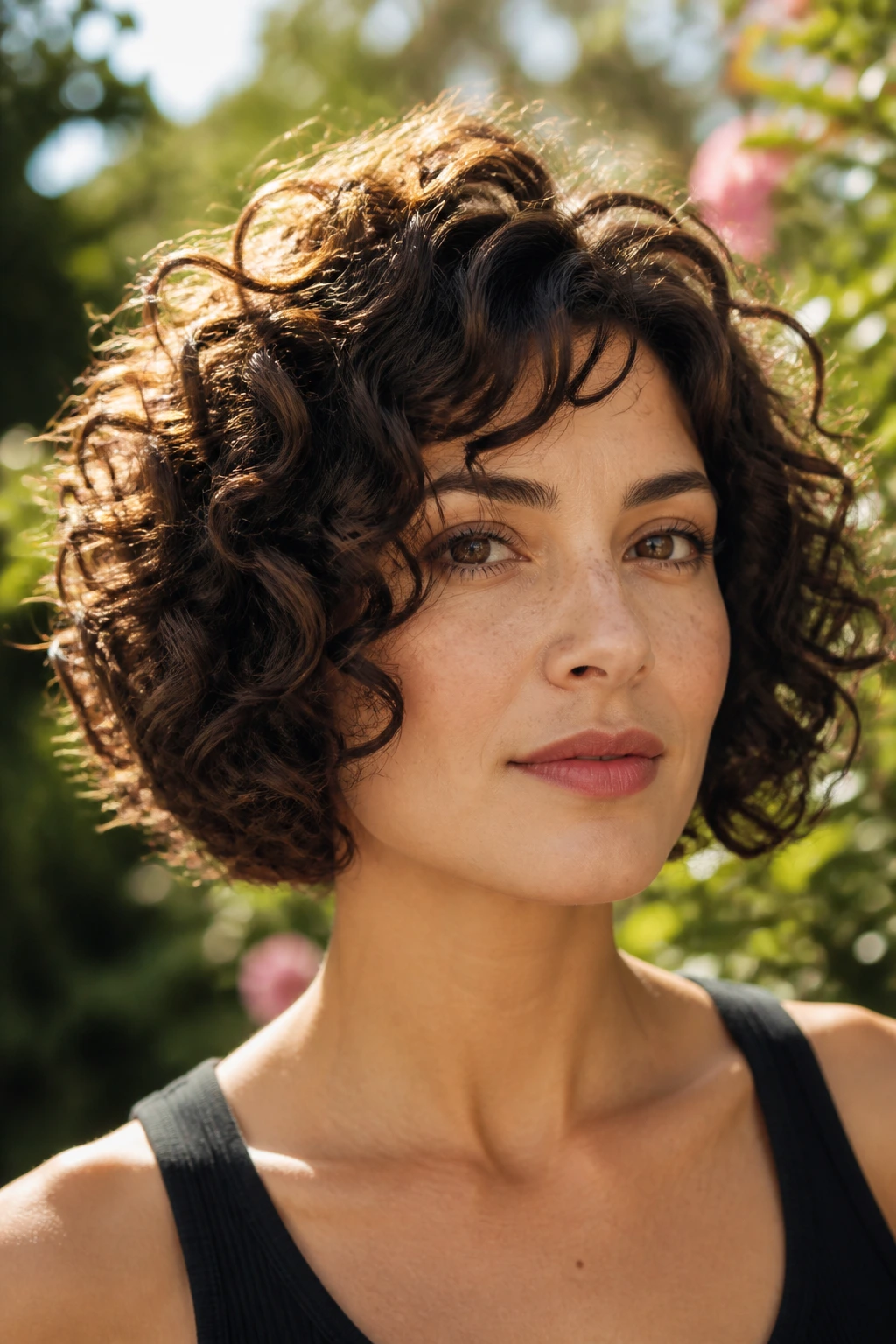 Real woman with curly bob and crown height, curls framing face