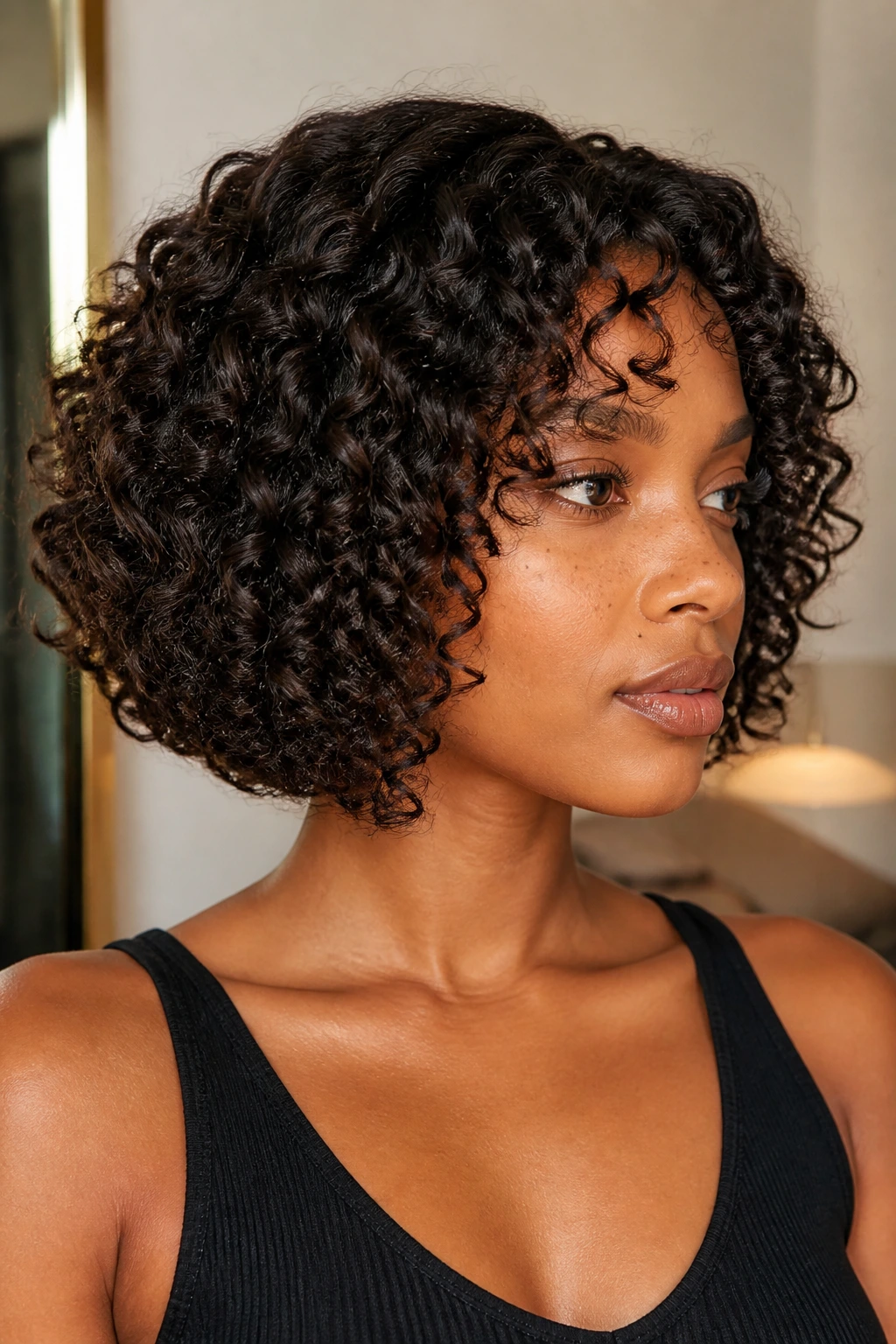 Close-up of a real Black woman with curly bob and internal layers