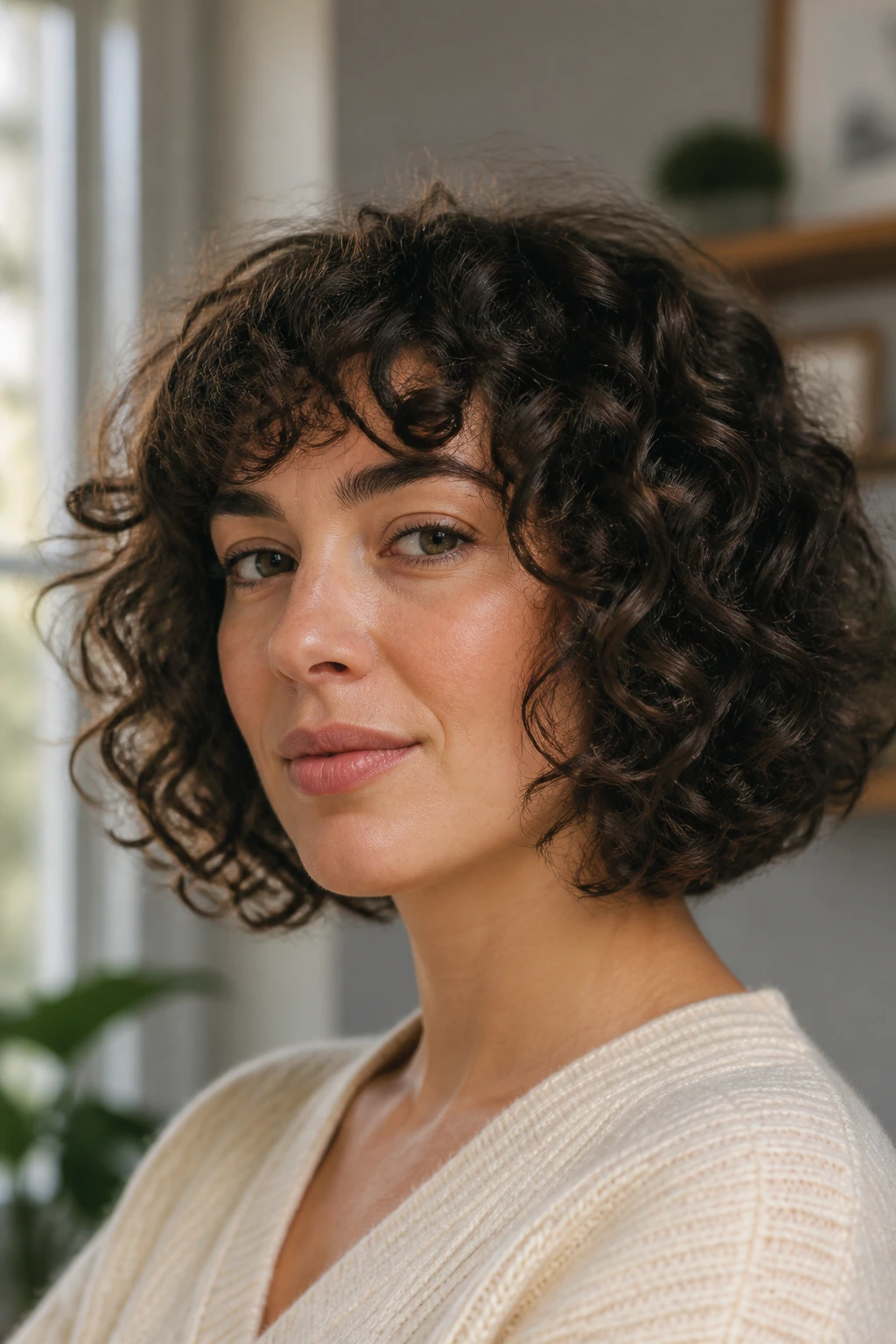 Close-up portrait of a real woman with a curly bob featuring invisible layers.
