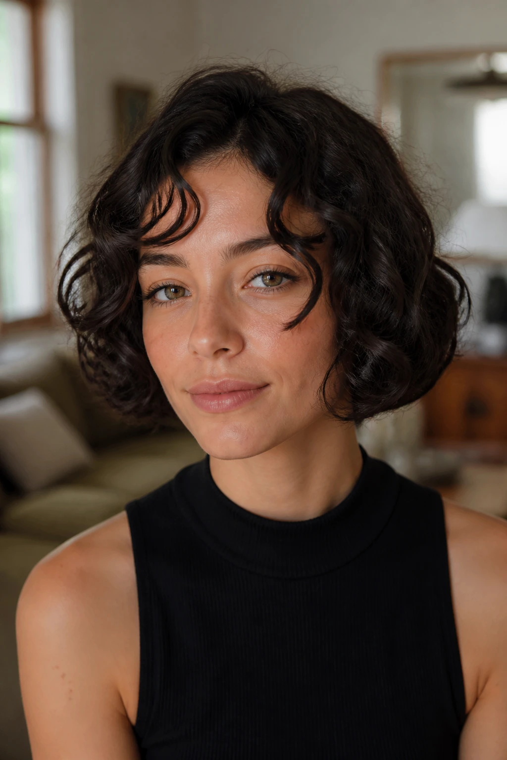 Close-up portrait of a real person with a jaw-length curly bob, warm window light