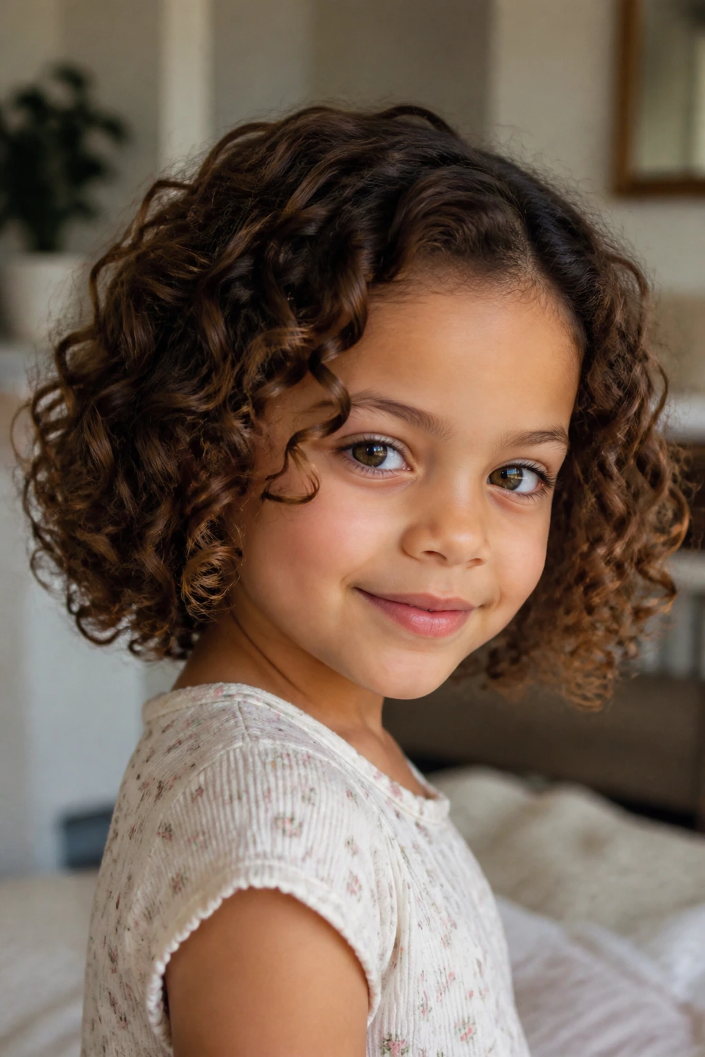 Little girl with curly bob, curls defined