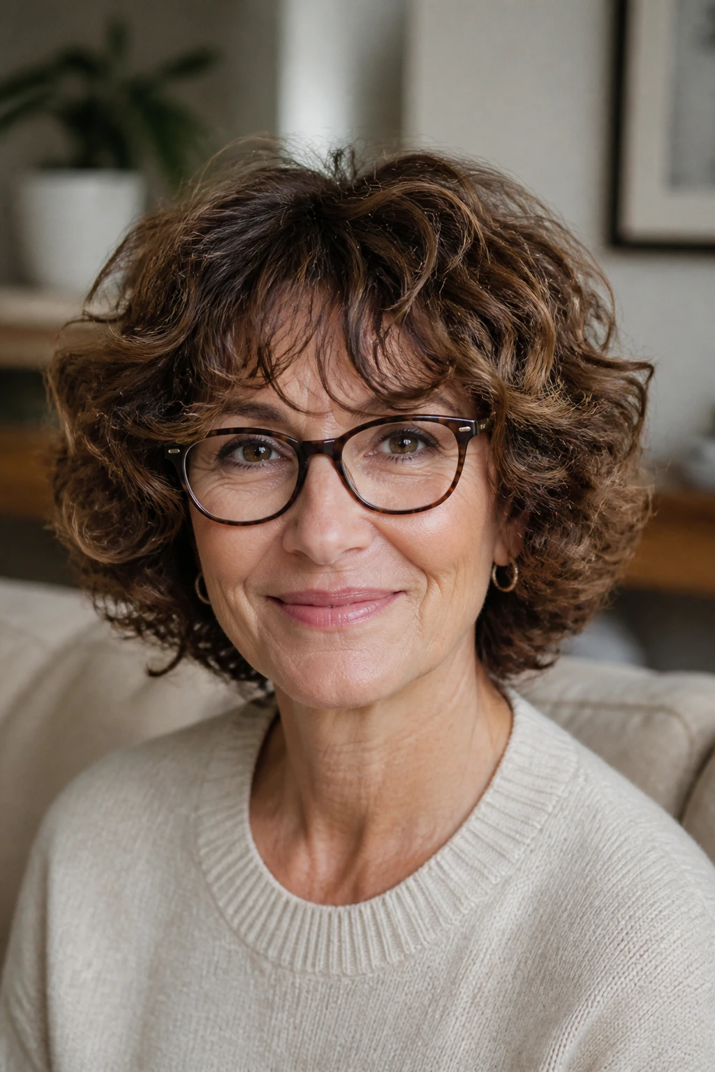 Close-up portrait of a real woman with layered bangs framing curly bob, soft natural light