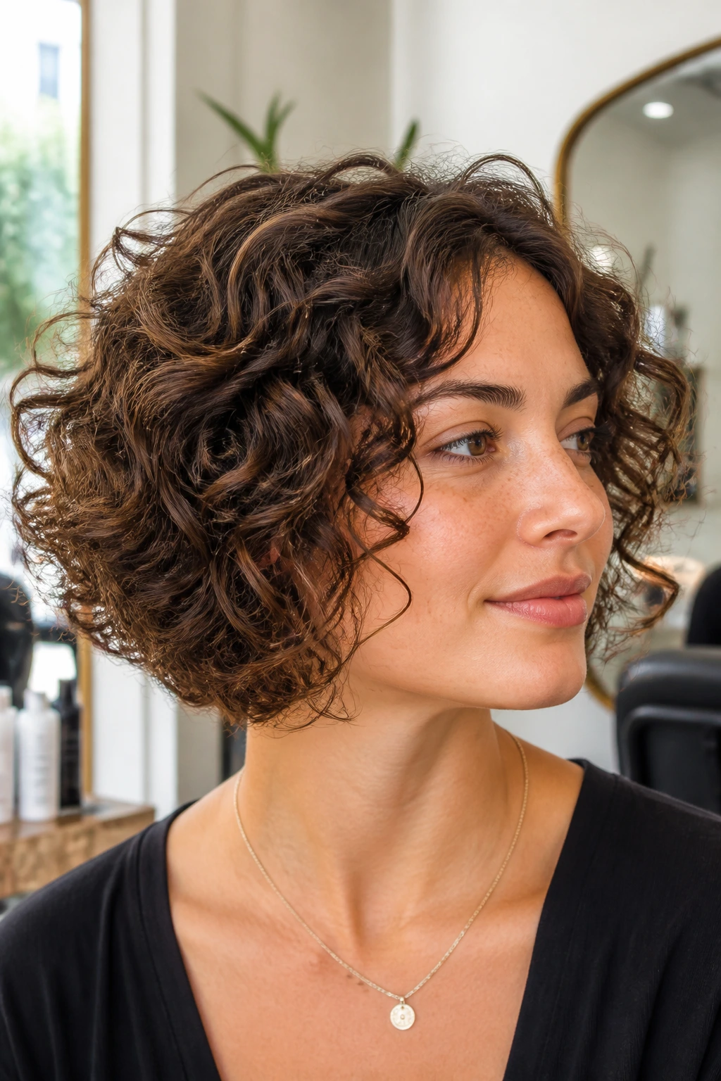 Close-up of a woman with a curly layered bob displaying springy curls