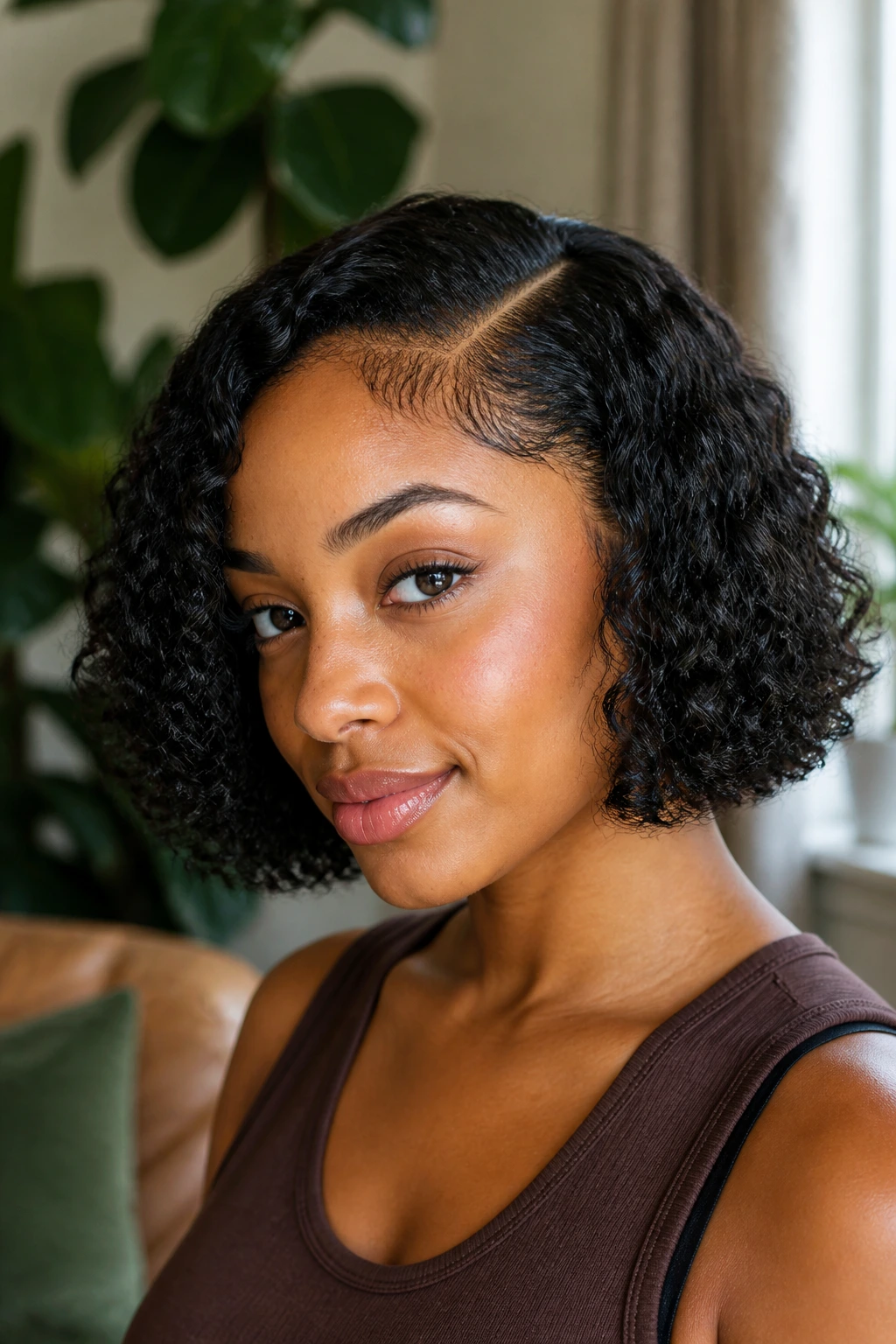 Real woman with curly bob and leave-out at front hairline