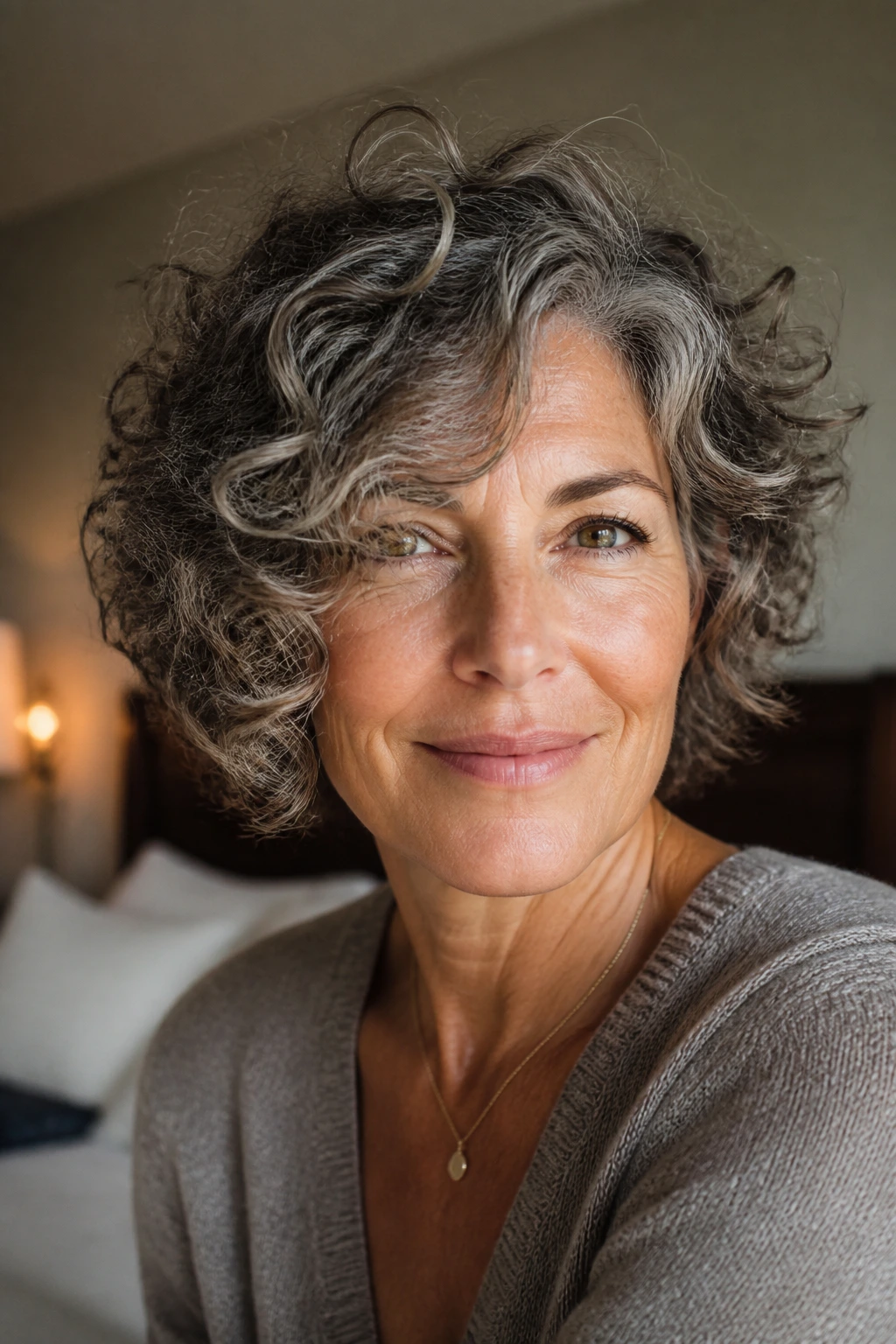 Close-up portrait of a real woman with a curly bob and long side bangs in natural window light.