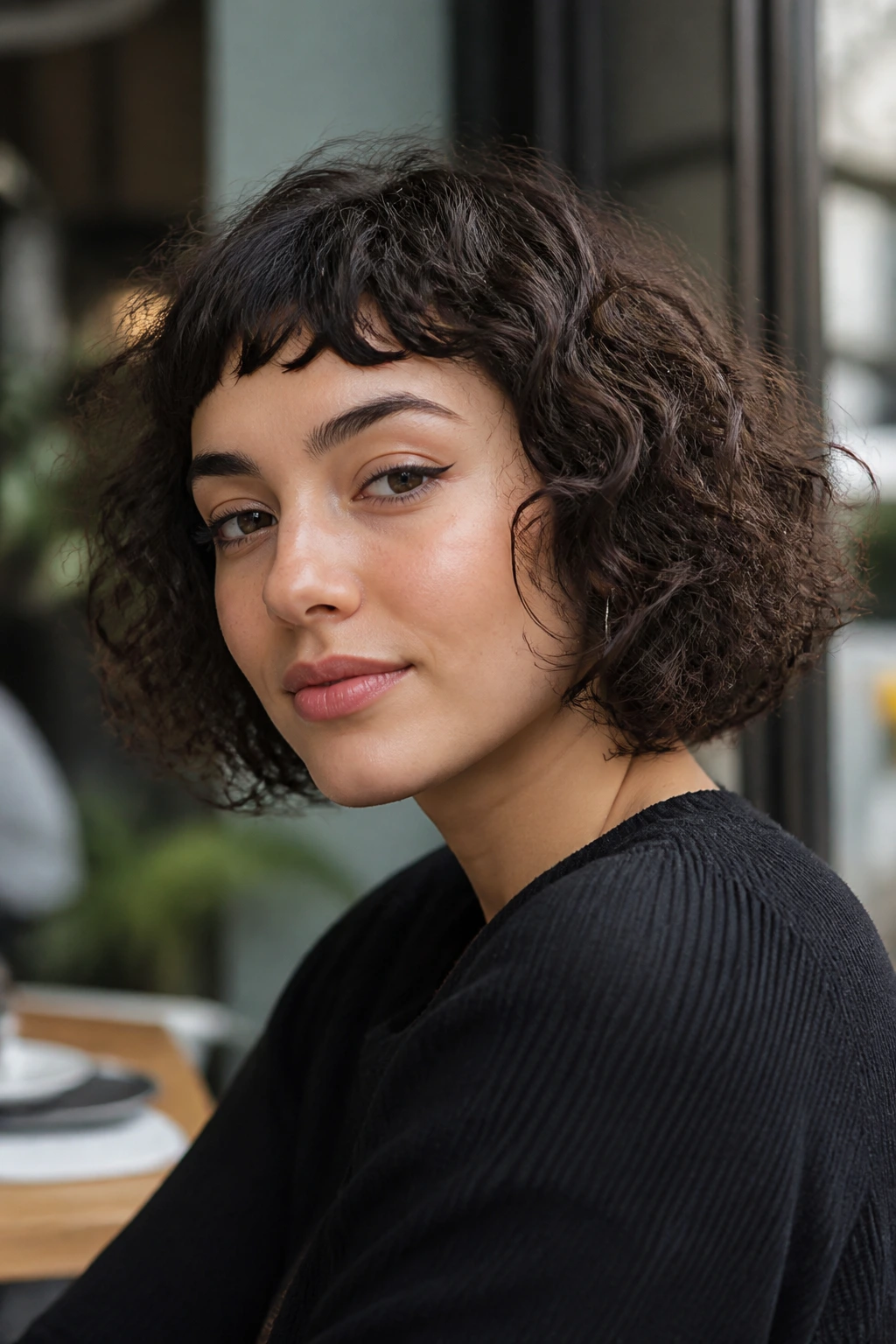 Close-up portrait of a real woman with a micro-fringe curly bob in a cafe window setting