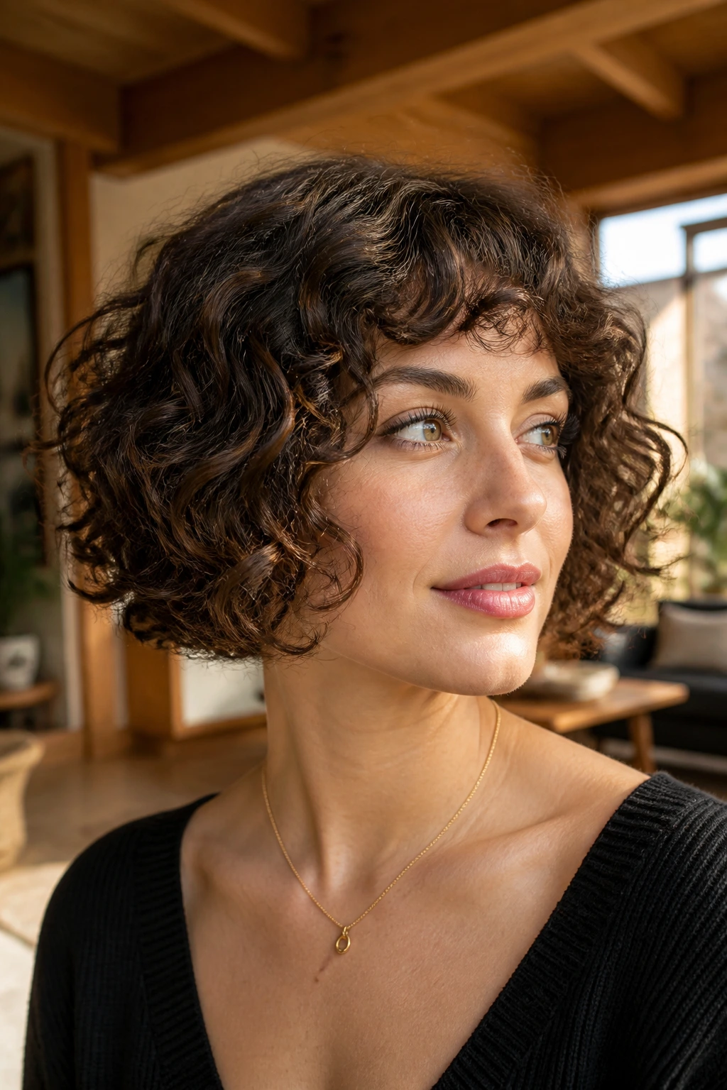 Close-up of a real woman with a chin-length curly bob and micro layers, highlighting face-framing curls in soft window light.