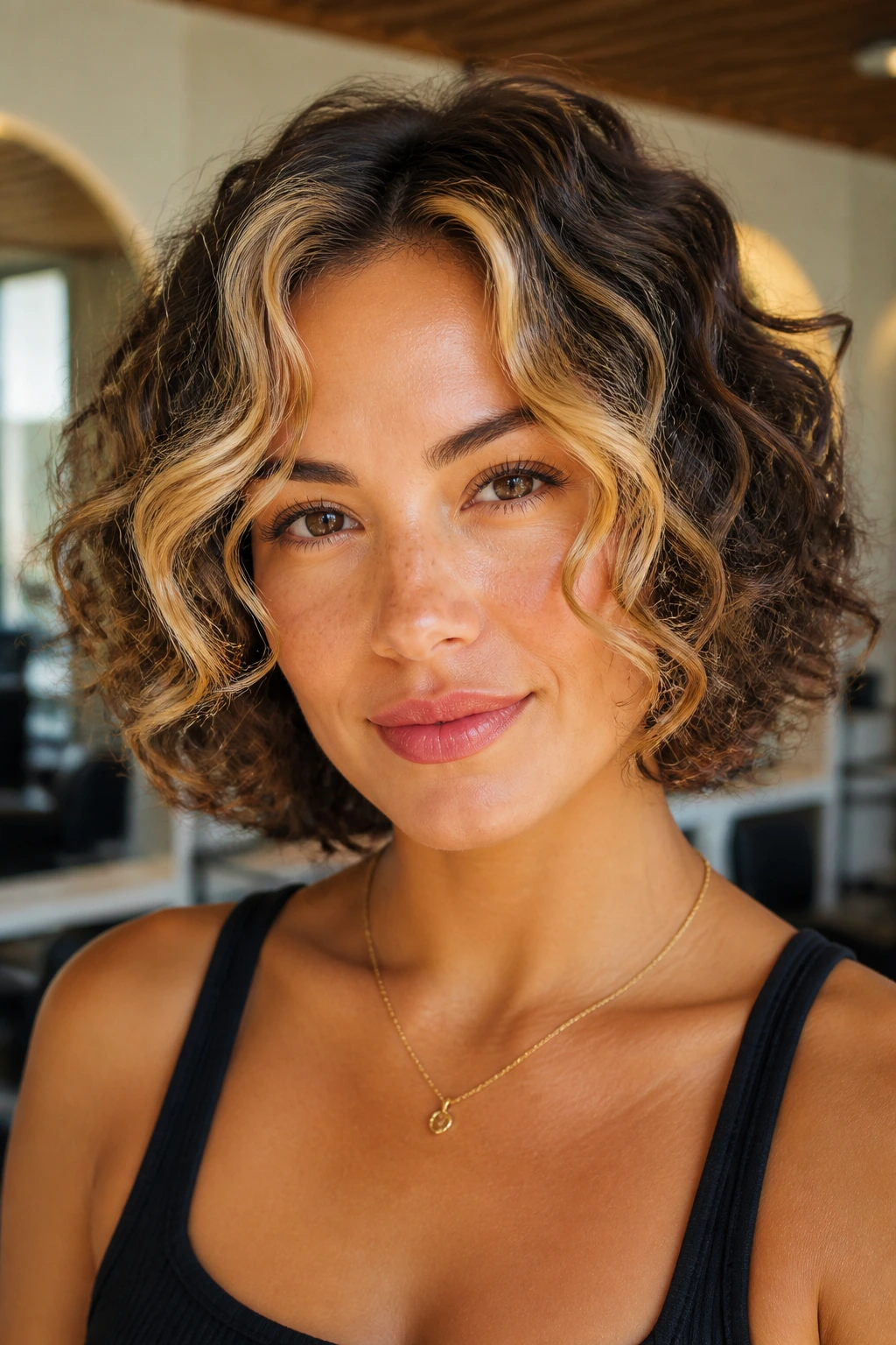 Close-up of a curly bob with chunky money pieces in warm blonde tones