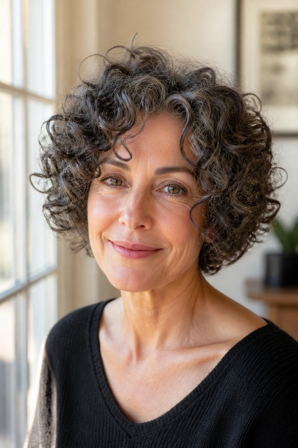 Close-up of a woman with jaw-length curly bob and natural curls
