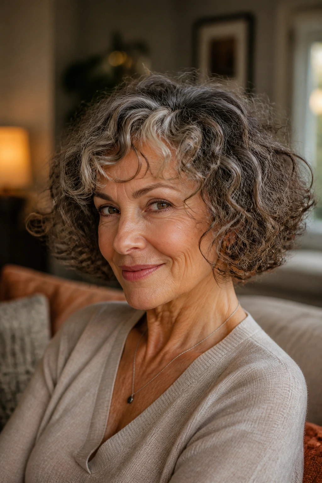 Elegant older woman with curly bob that flatters over-50 styling.