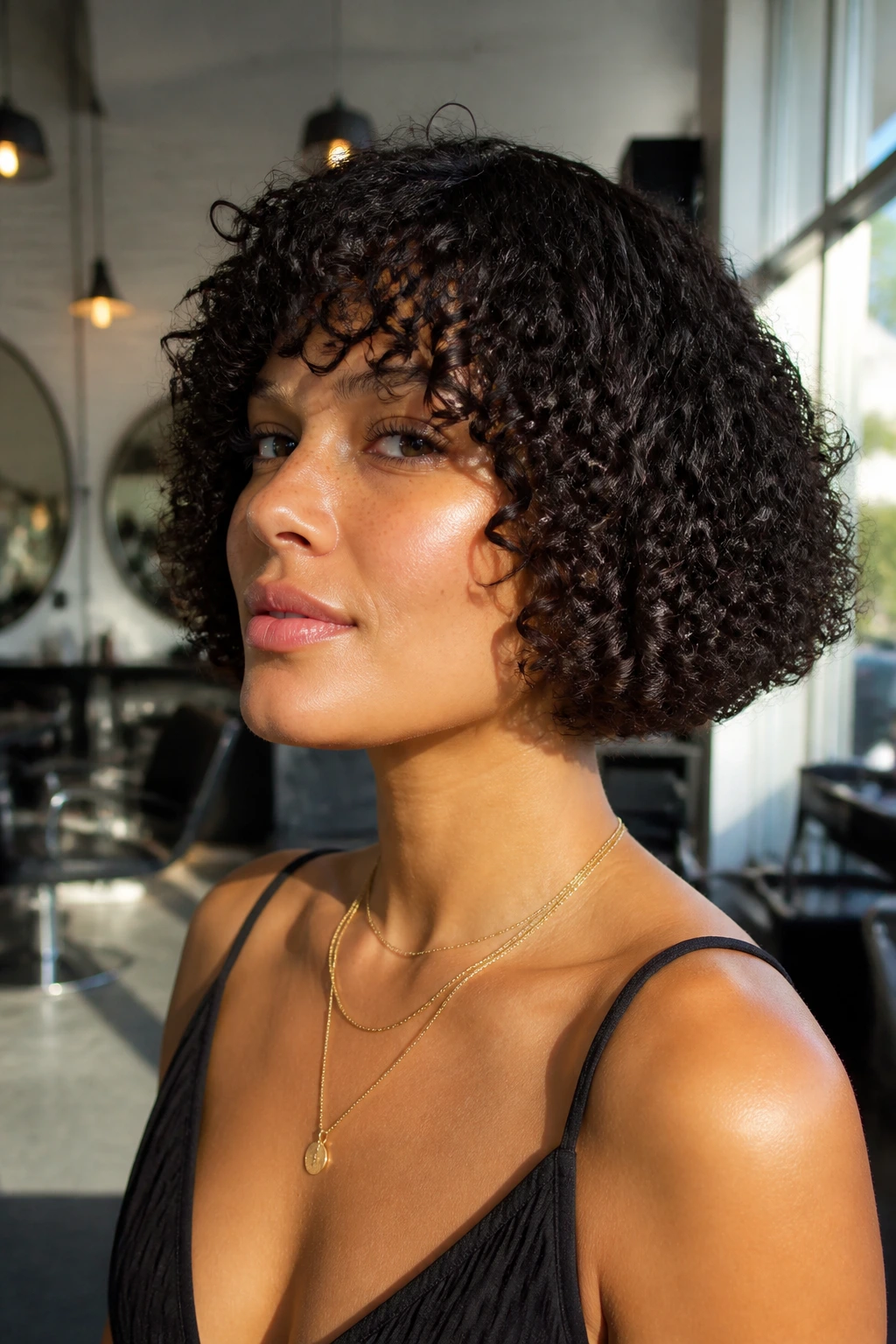 Close-up of a real woman with a curly blunt bob and strong perimeter in warm salon light