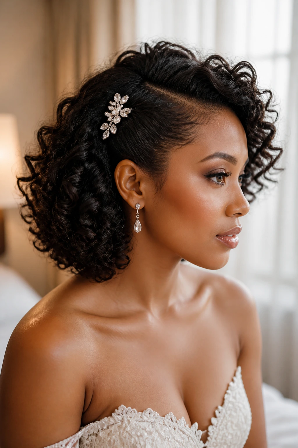 Real bride with curly bob pinned on one side with jeweled clip