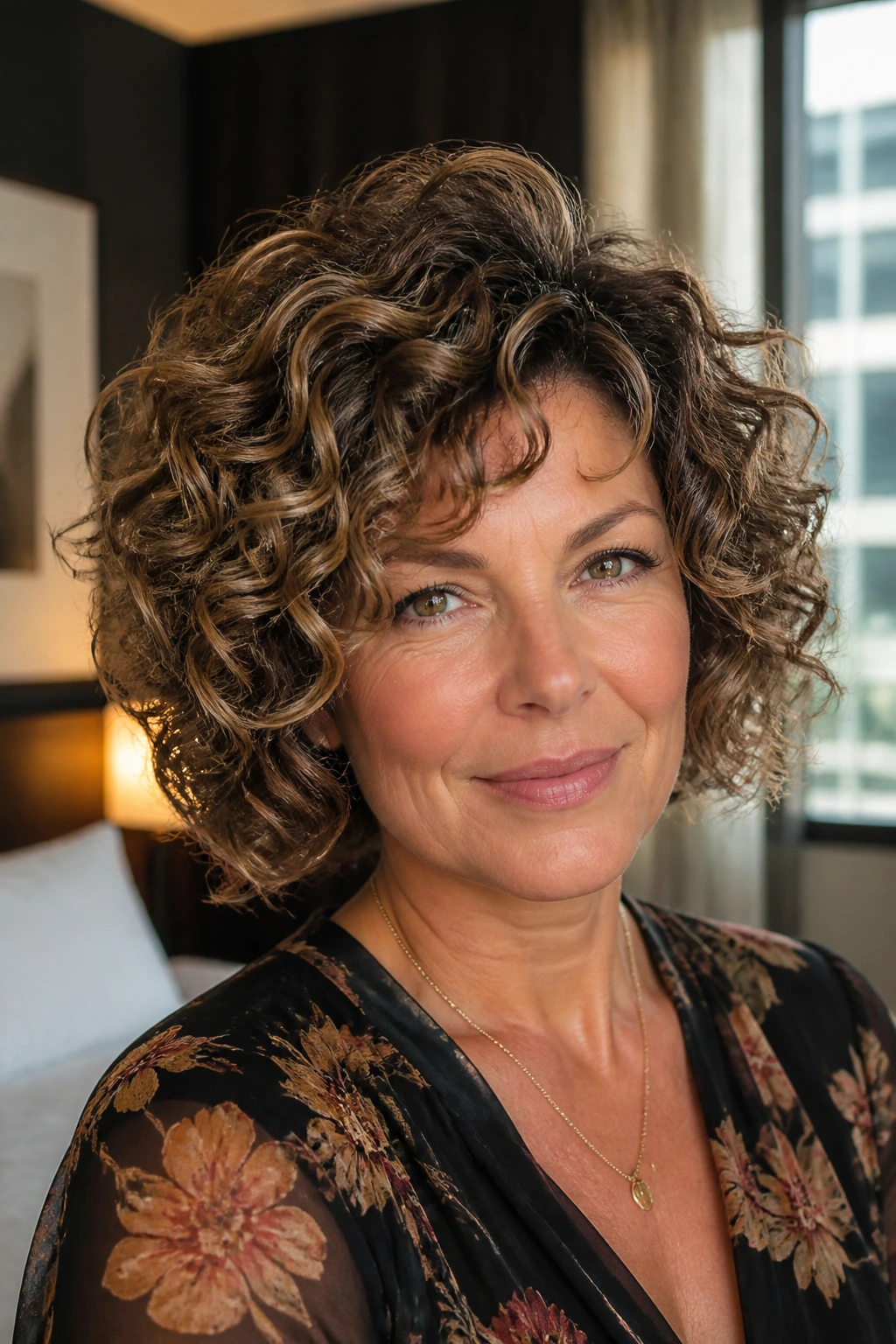 Close-up of a real woman with a glam curly bob and polished volume under warm window light