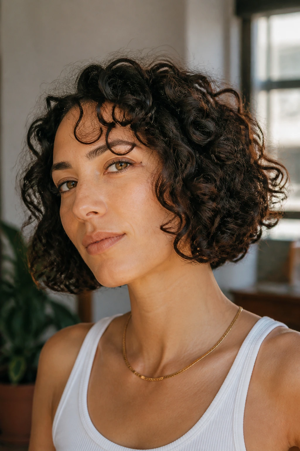Close-up of a real woman's short curly bob with defined ringlets.