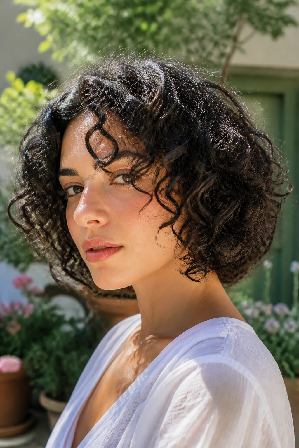 Portrait of a real person with a curly bob and defined curls