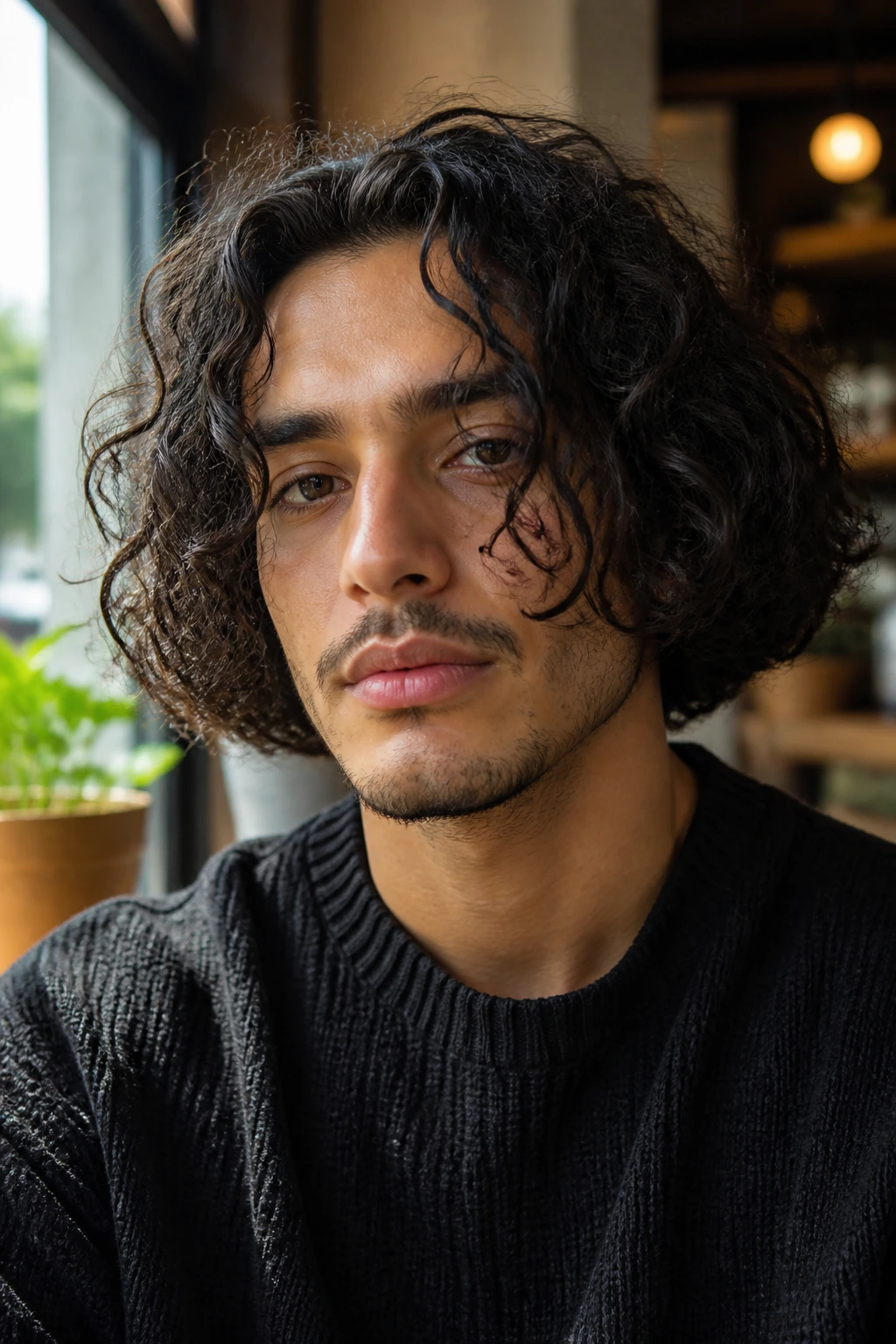 Close-up portrait of a real man with curly bob in a sunlit cafe