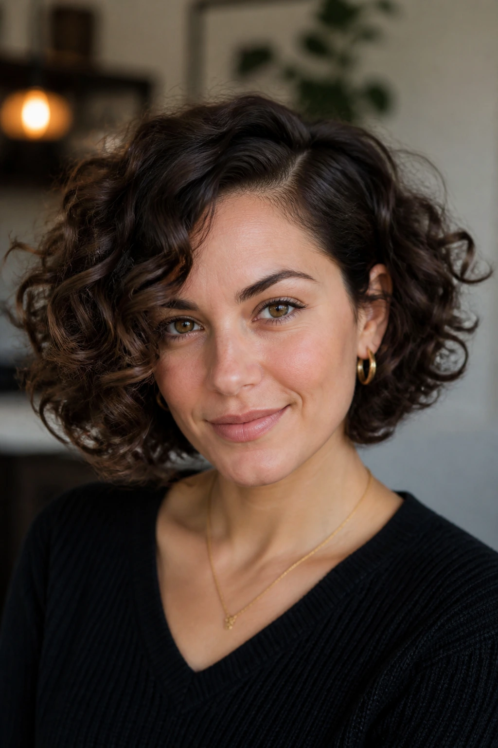 Close-up portrait of a real woman with a side-part curly bob.
