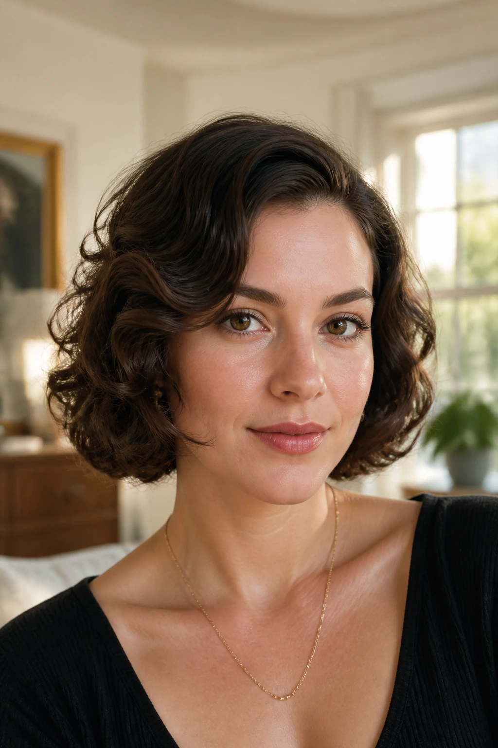 Real woman curly bob with rolled-under ends