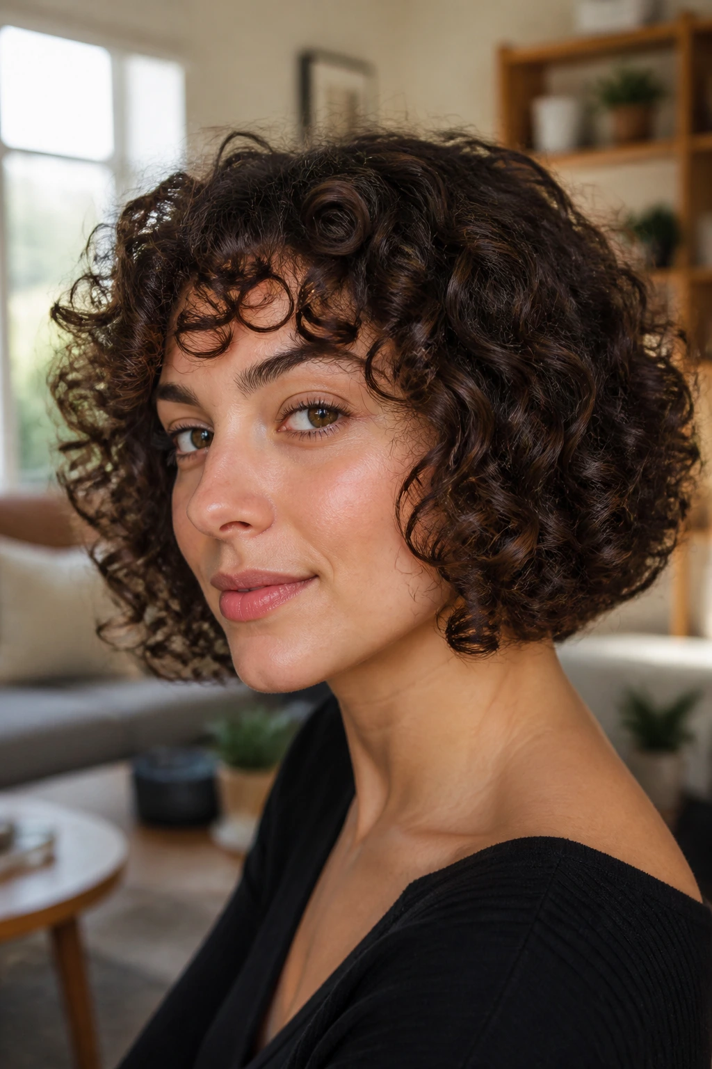 Close-up of a real woman with a curly bob showing curl pattern