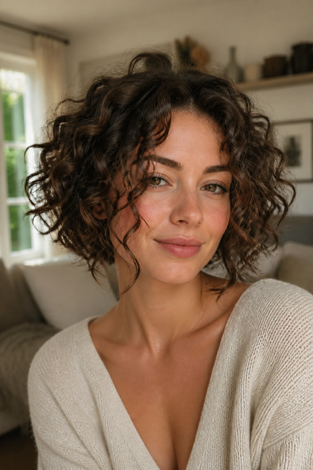 Close-up of a real woman with face-framing curls for round faces