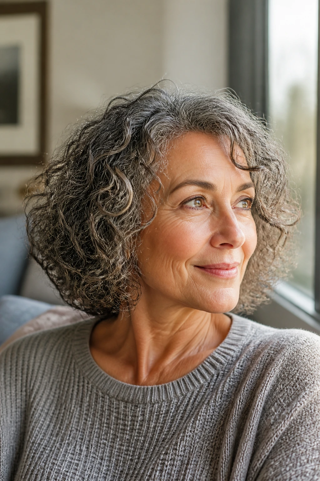 Close-up of a real woman with a rounded curly bob silhouette in natural light