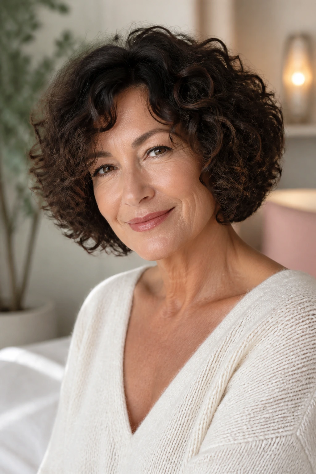 Close-up of real woman with rounded curly bob
