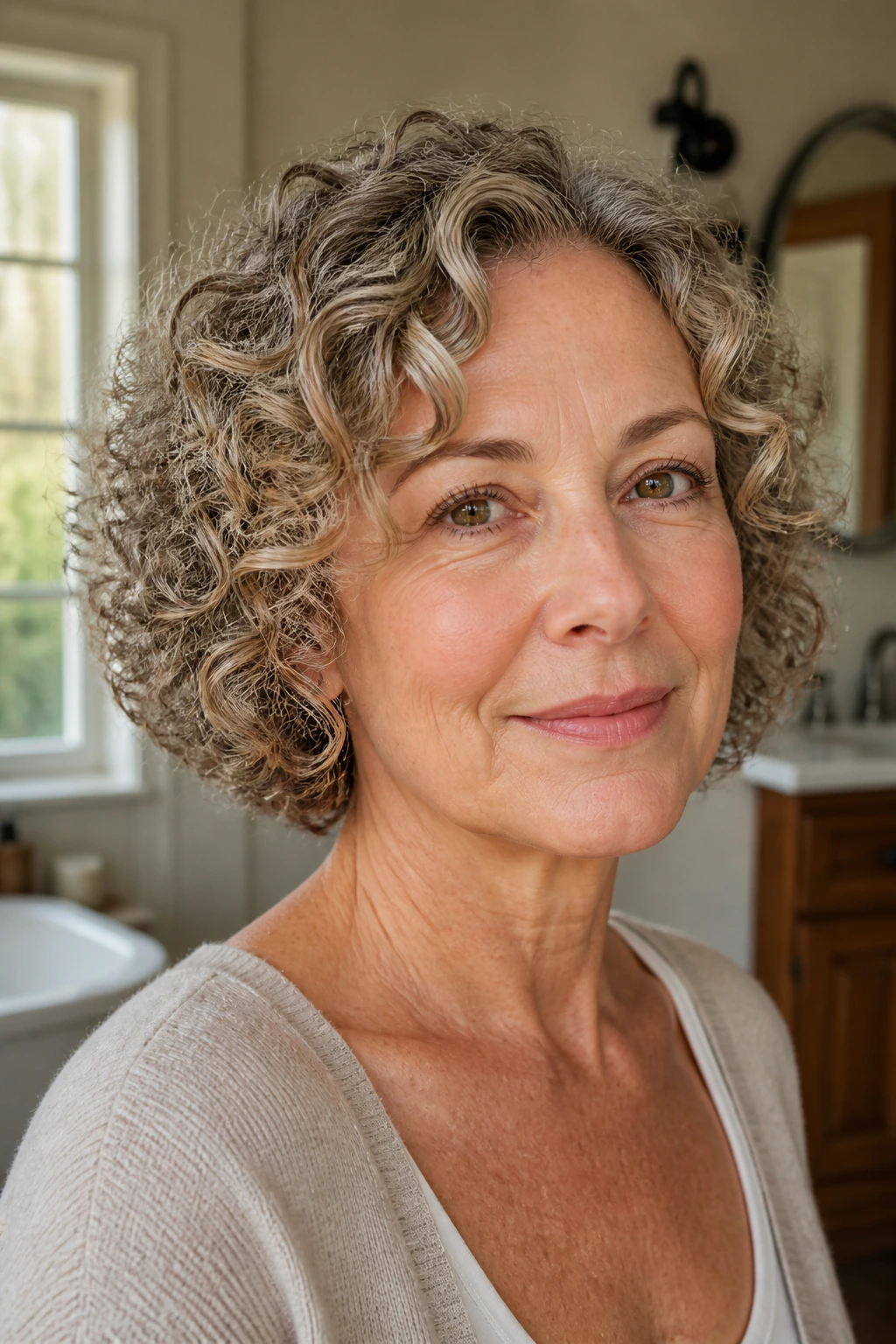 Close-up of a real woman with curly bob and rounded outline in natural light
