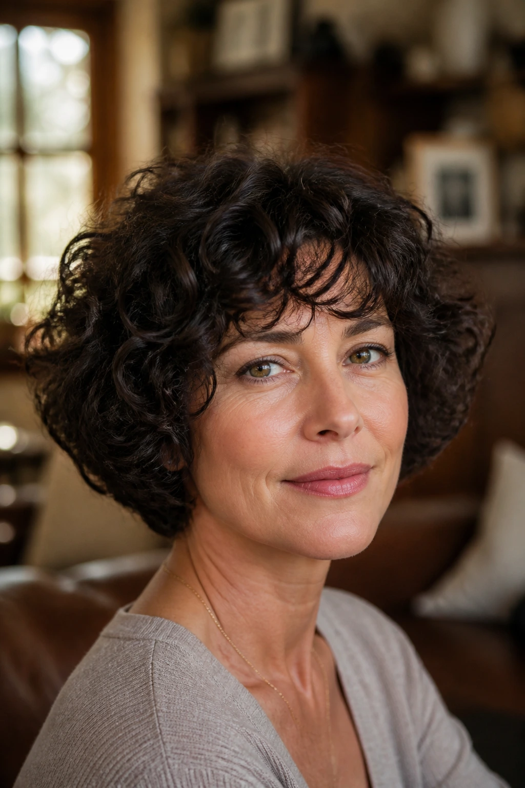 Close-up of a real woman with a curly layered bob forming a rounded silhouette.