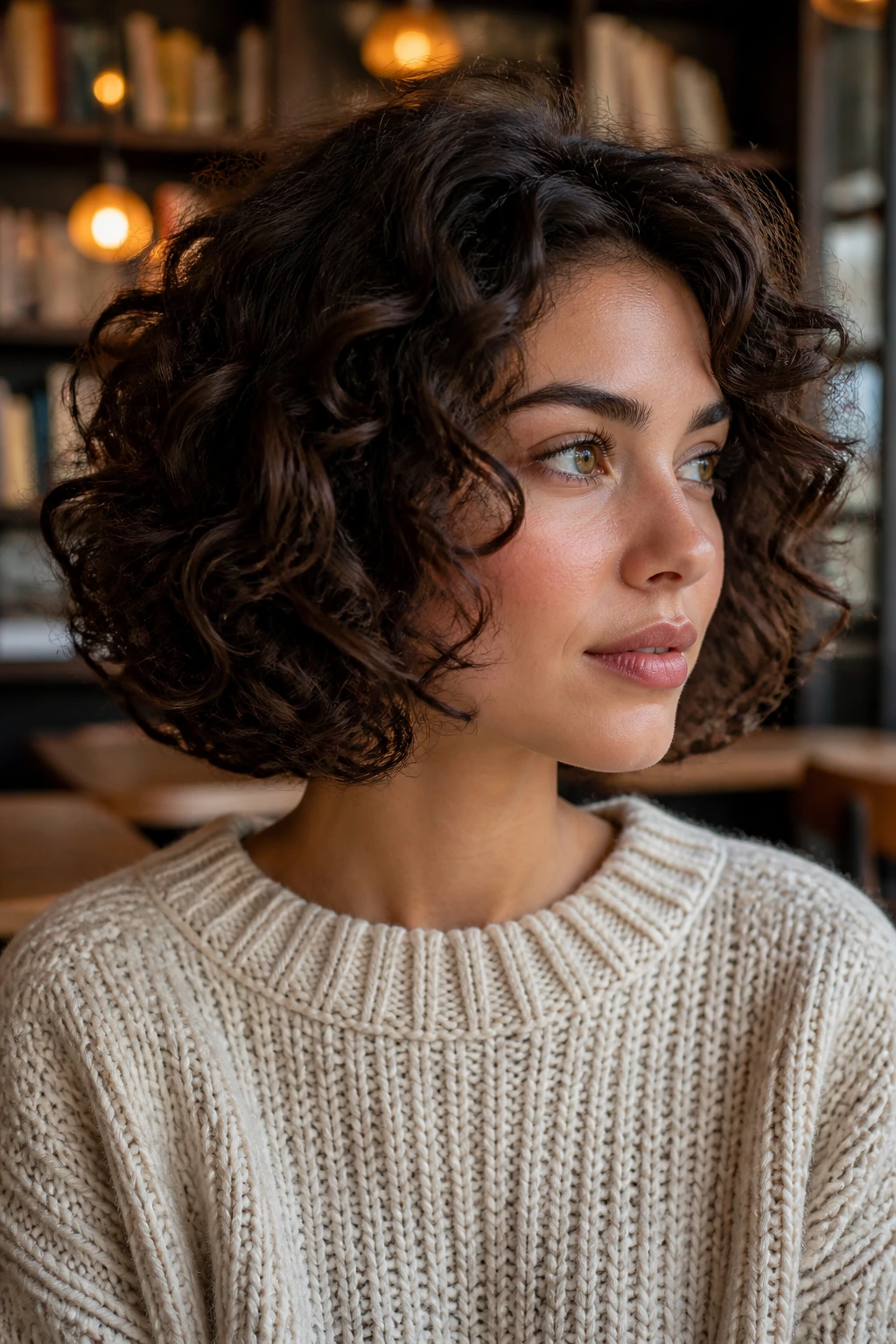 Real woman with rounded curly bob framing cheeks.