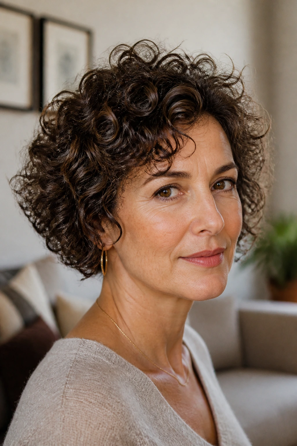 Real woman with sculpted crown curly bob showing crown lift and perimeter control