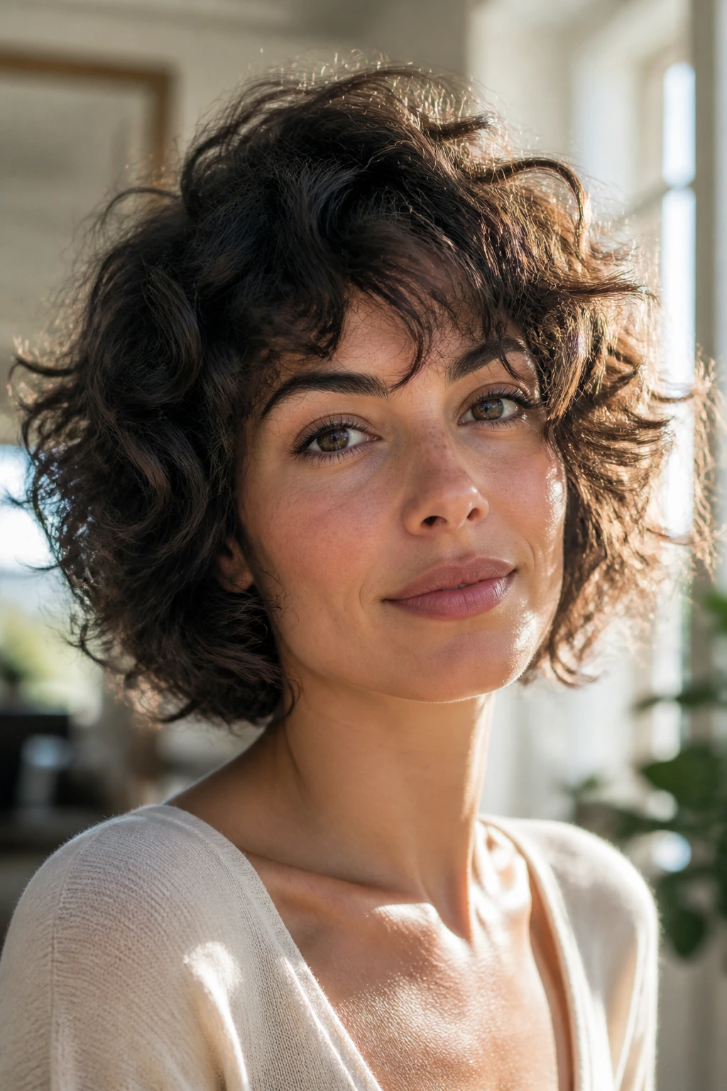 Portrait of a woman with a tousled curly bob shag and bouncy curls