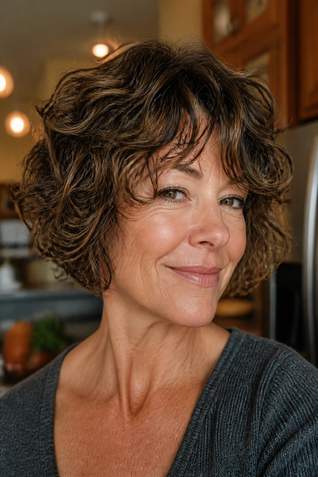 Close-up of a real woman with curly bob shag and piecey layers in a warm kitchen