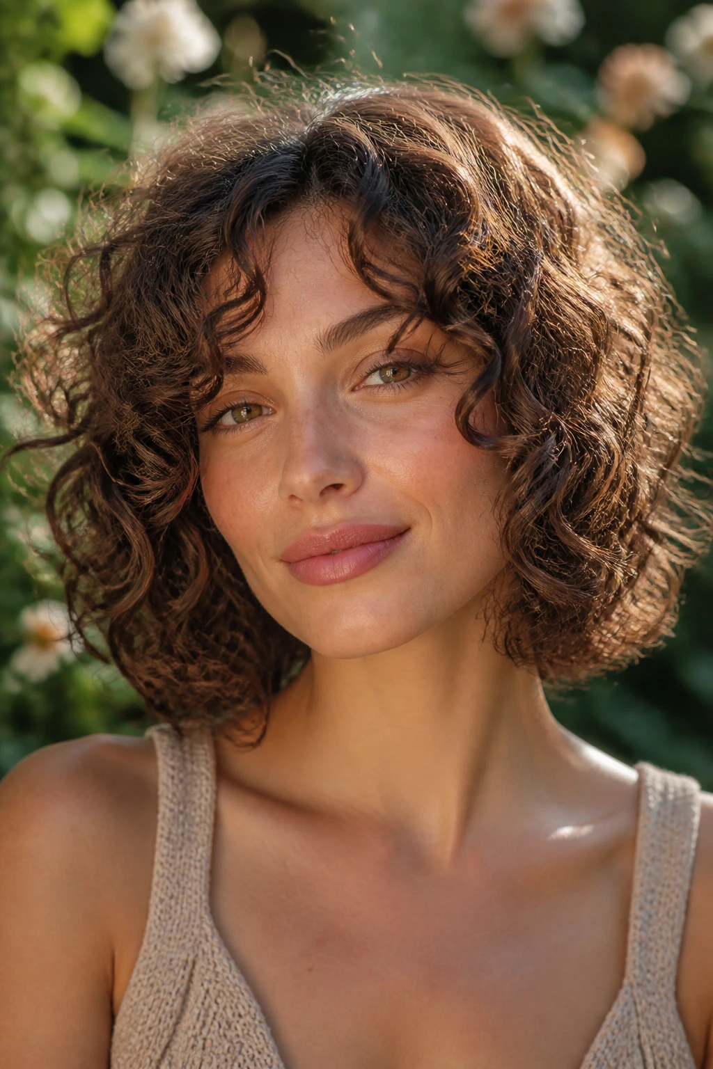 Real woman with Curly Bob shaping curls around her face in garden light