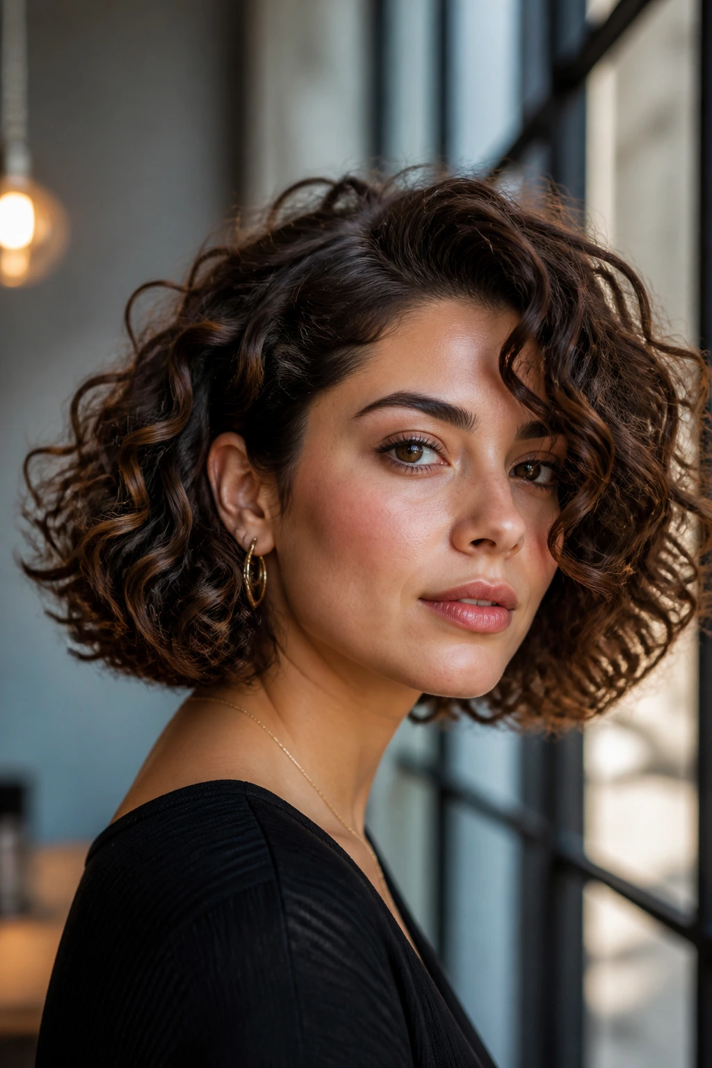 Real woman with sculpted curly bob highlighting shape language