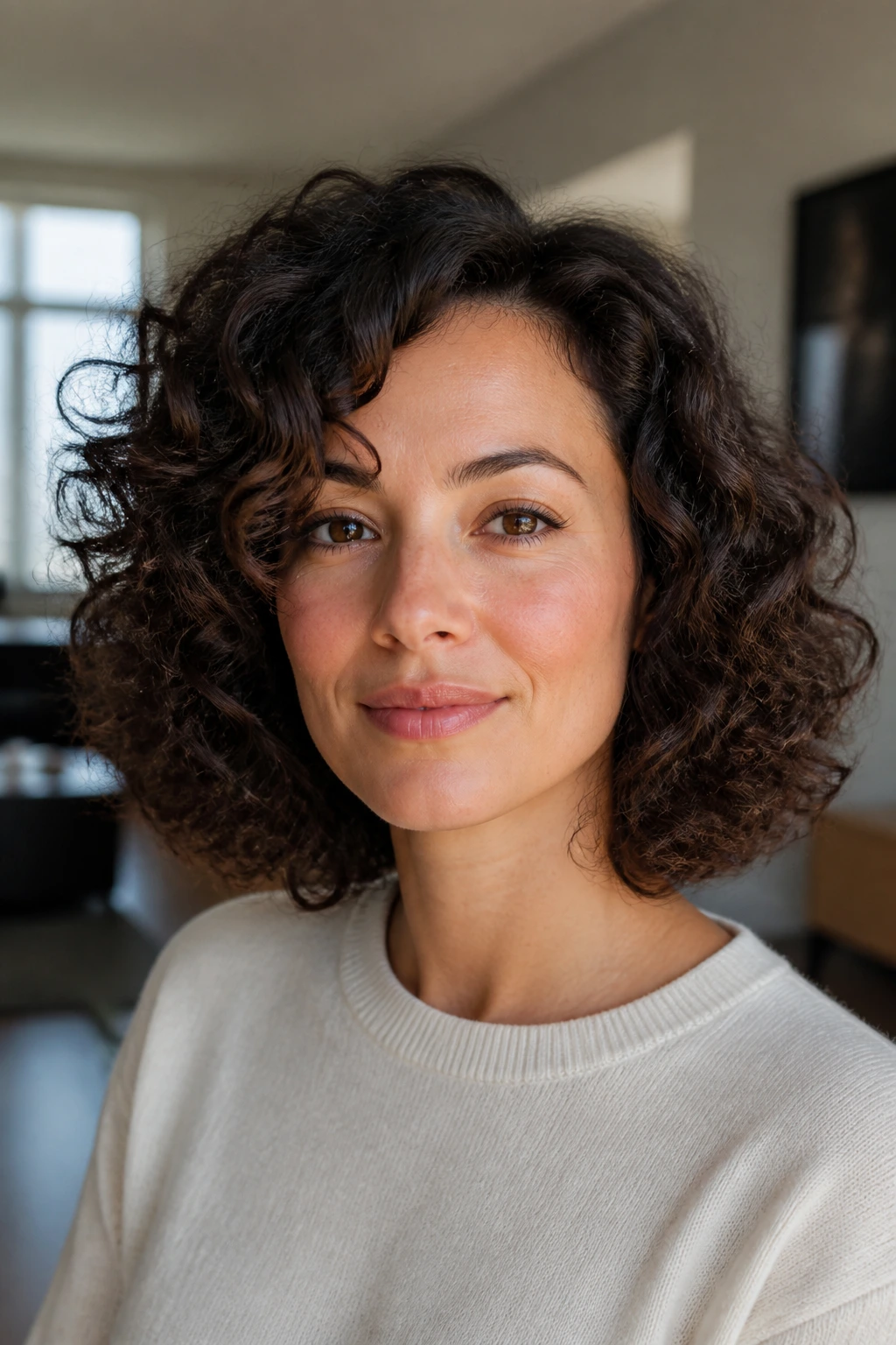 Close-up portrait of a real woman with a long curly bob, demonstrating the shape worth keeping in soft natural light