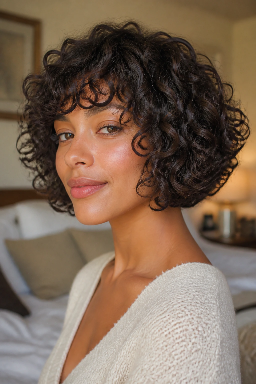 Close-up of a real woman with curly bob showing defined shape under natural window light