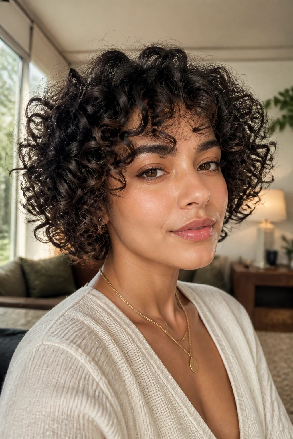 Close-up portrait of a woman with curly bob showing layered shapes.