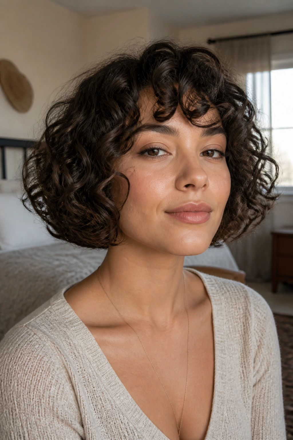 Close-up portrait of a real woman with curly bob shapes along the jawline in warm window light