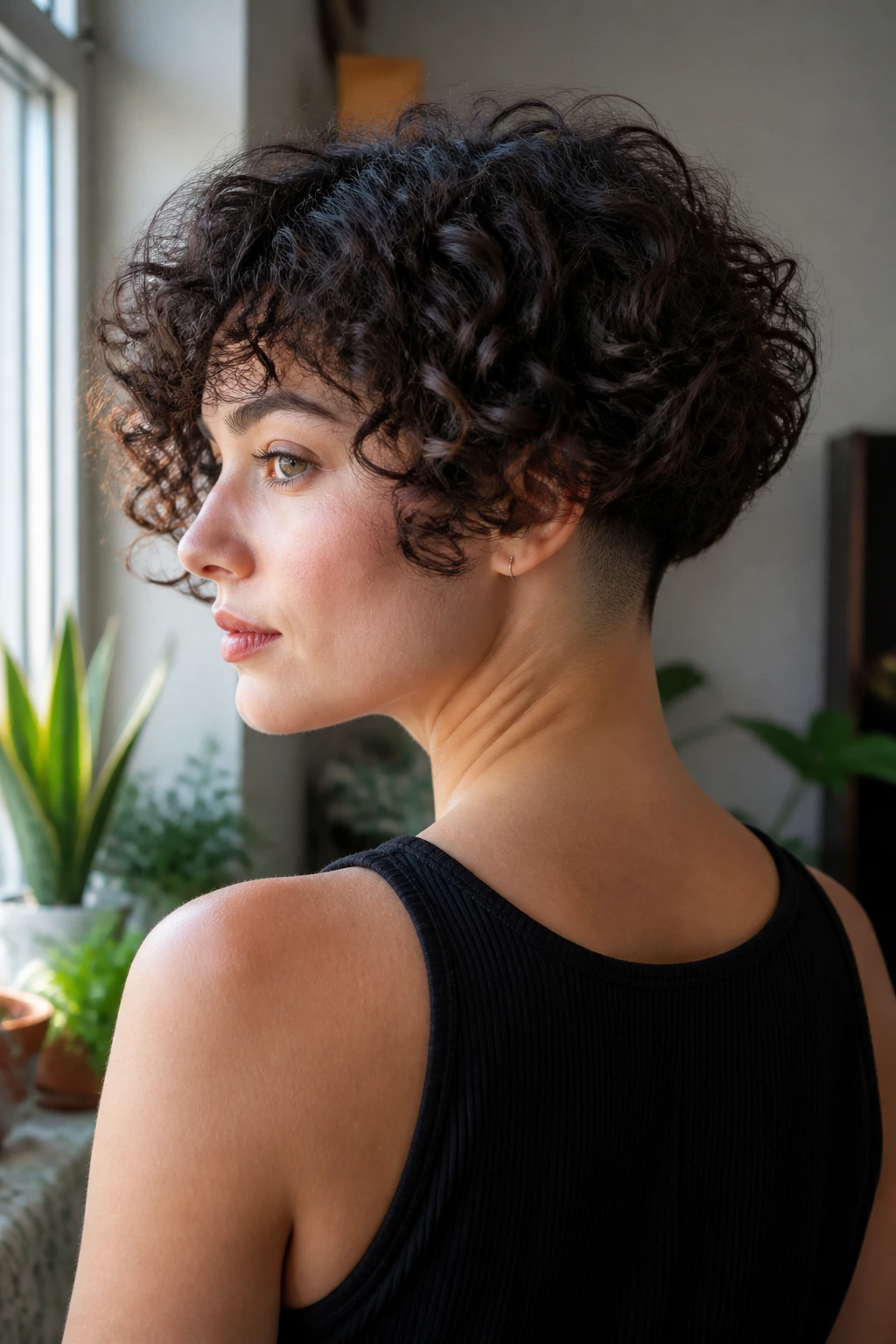 Three-quarter portrait of curly bob with shaved nape on real person